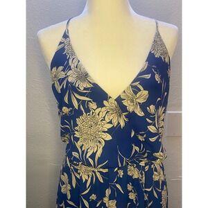 Lush Floral Maxi Dress Women Large Blue Cream Surplice Halter Excellent Boho